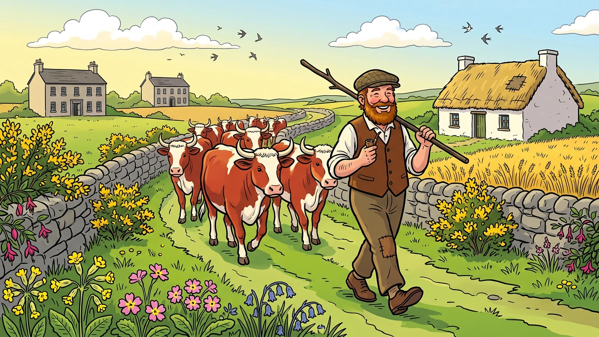 Donald O'Neary walks home triumphant along the Irish boreen with a herd of fine red and white bullocks while Hudden and Dudden's farms stand empty
