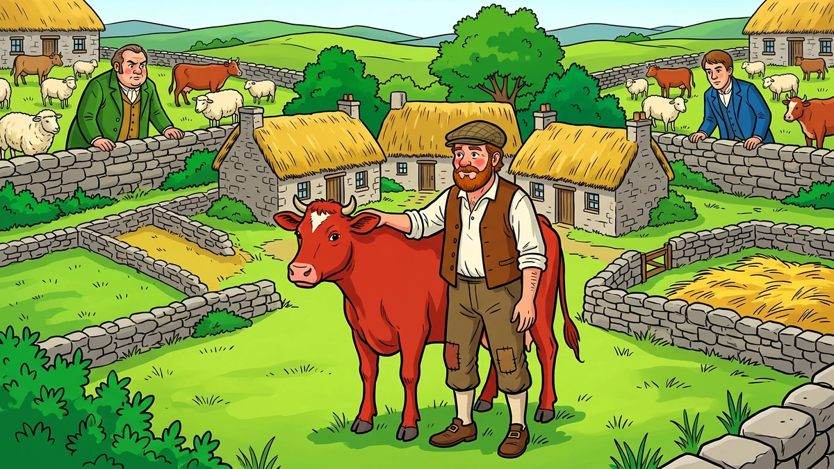 Hudden Dudden Donald O'Neary Celtic Irish folktale ACK cover - poor Irish farmer Donald with red cow Daisy and the two greedy brothers in green Wexford valley