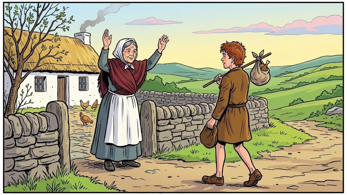 Jack's widowed mother stands on the stone yard fence with arms raised in blessing as Jack leaves the cottage with a cake and hen on a stick — opening scene of the Irish folk tale Jack and his Comrades collected by Patrick Kennedy 1866.