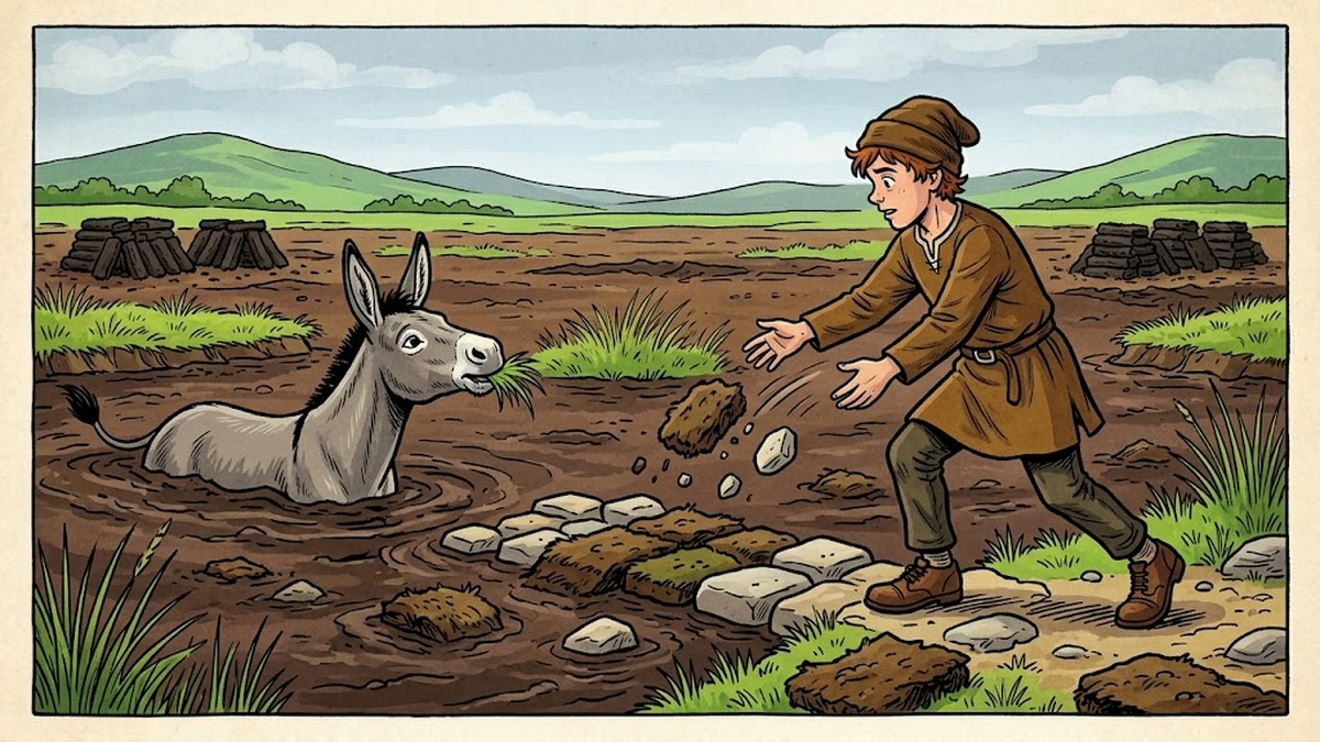 Jack pitches stones and sods into a peat bog to rescue a stuck donkey who is sunk to his shoulders trying to reach a tuft of grass — first comrade joins.