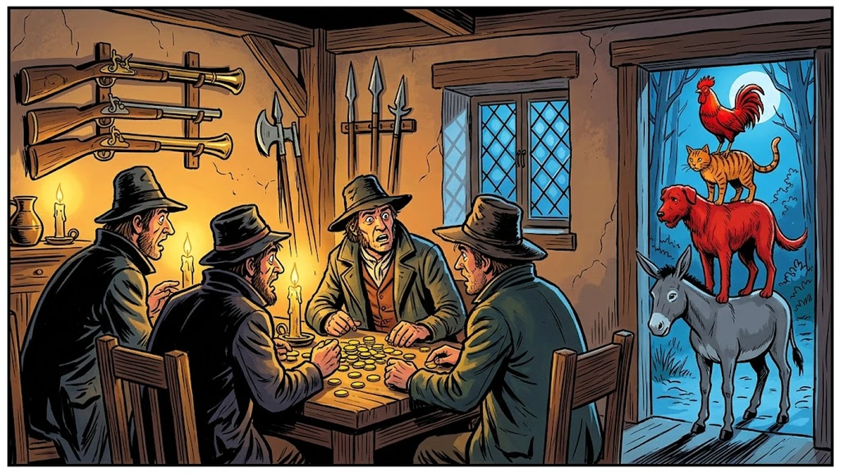 Four armed Irish robbers seated around a candlelit table counting gold are startled when the four-animal stack of donkey, dog, cat and rooster appears at the cottage window in the dark forest.