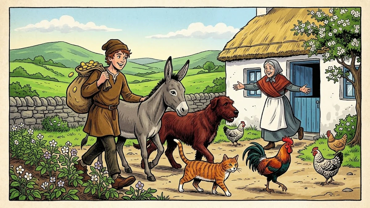 Jack returns home in spring with a sack of gold and his four animal comrades while his widowed mother runs out to embrace him — providential reunion.