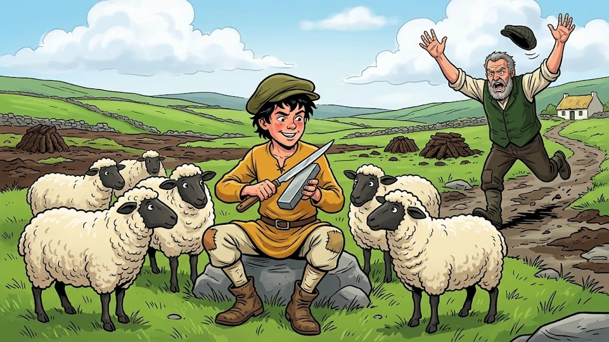 Jack on the Irish bog sharpening a knife with the sheep around him, ATU 1000 literal-obedience comedy
