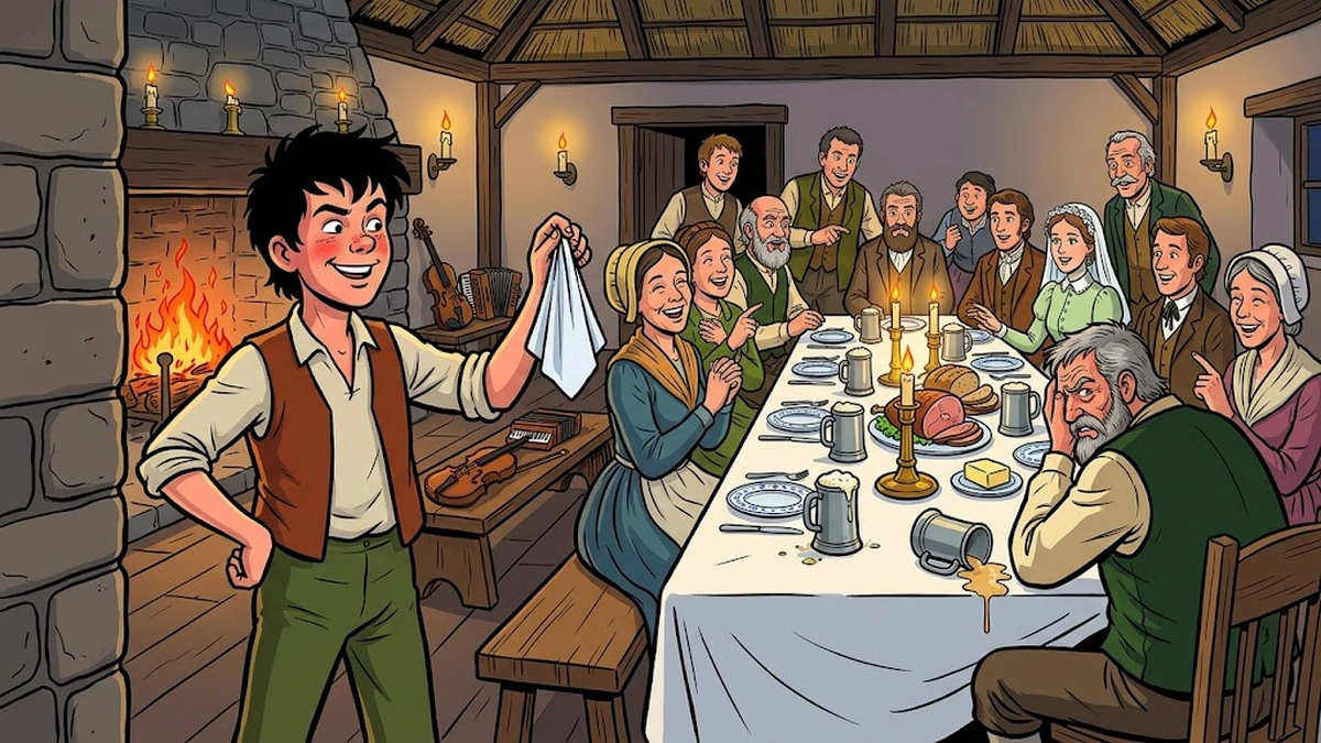 Jack steps out of the chimney corner at the wedding feast as the Gray Churl breaks the bargain, ATU 1006 Casting Eyes climax