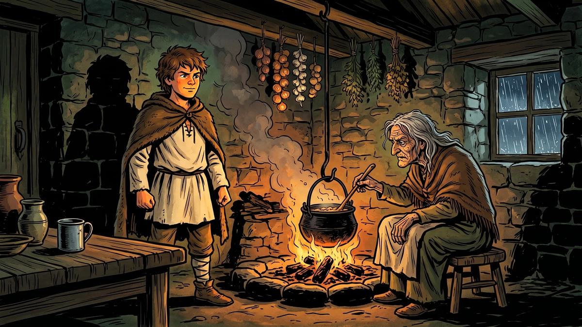 Jack arrives at the lonesome robbers' cottage in rural Ireland — Patrick Kennedy, Fireside Stories of Ireland (1870).