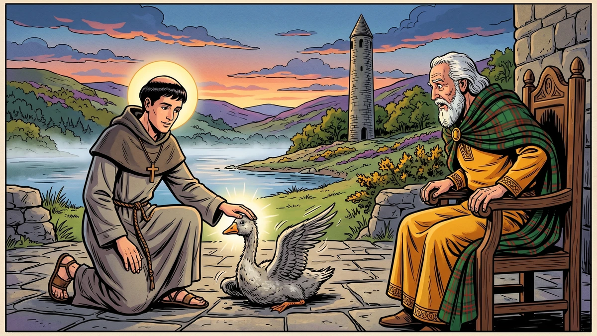Saint Kevin haloed kneeling and healing the dying goose while King O'Toole watches astonished