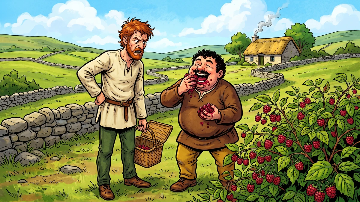 Munachar and Manachar pick raspberries in the Connacht Irish countryside as Manachar greedily eats every berry, ACK style illustration