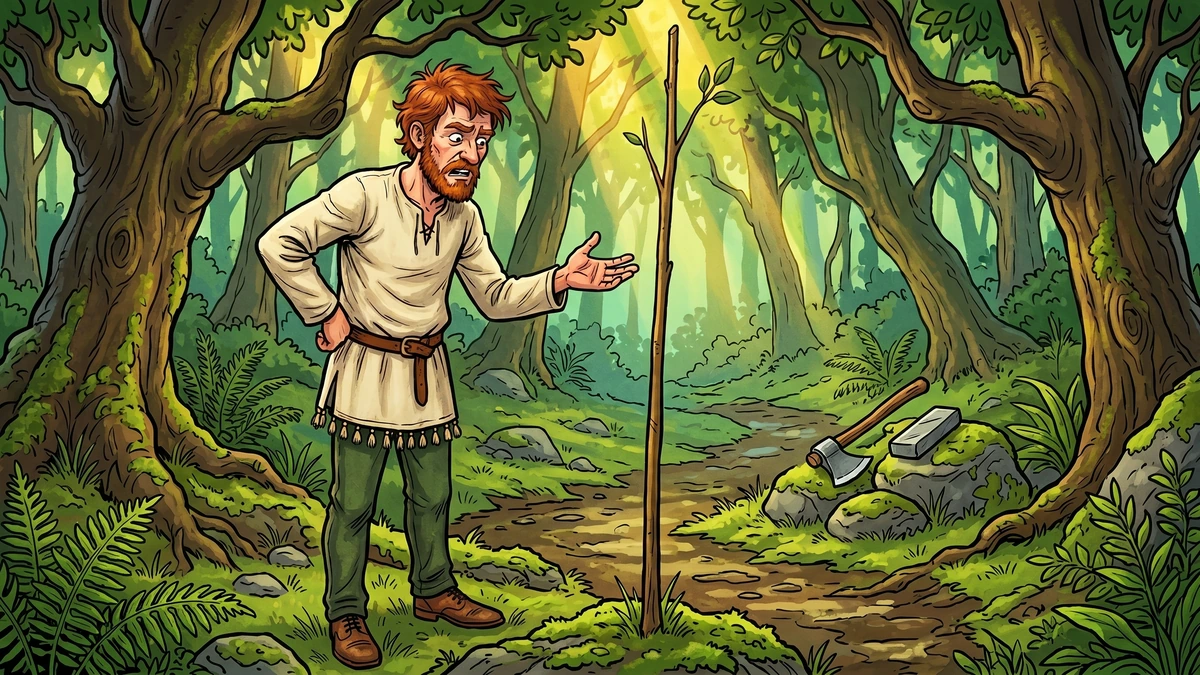 Munachar pleads with a hazel rod in the Irish forest to come willingly so he can twist a gad to hang Manachar