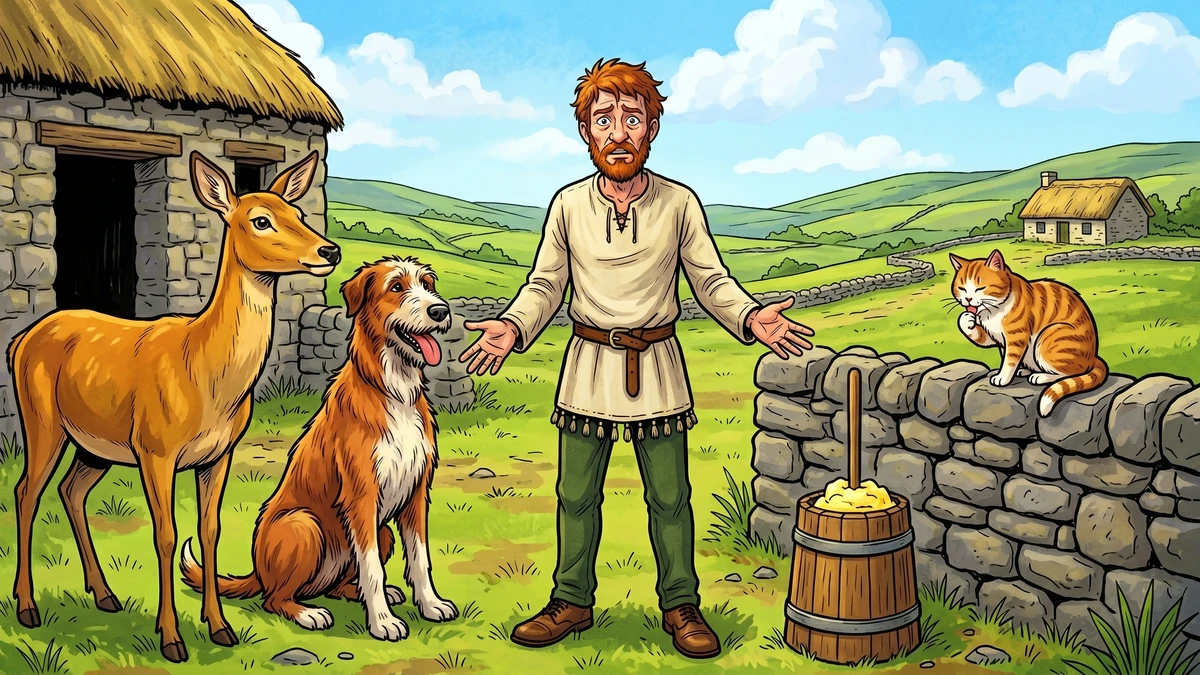 Munachar negotiates with a deer, an Irish wolfhound, a tabby cat and a butter churn in a Connacht meadow