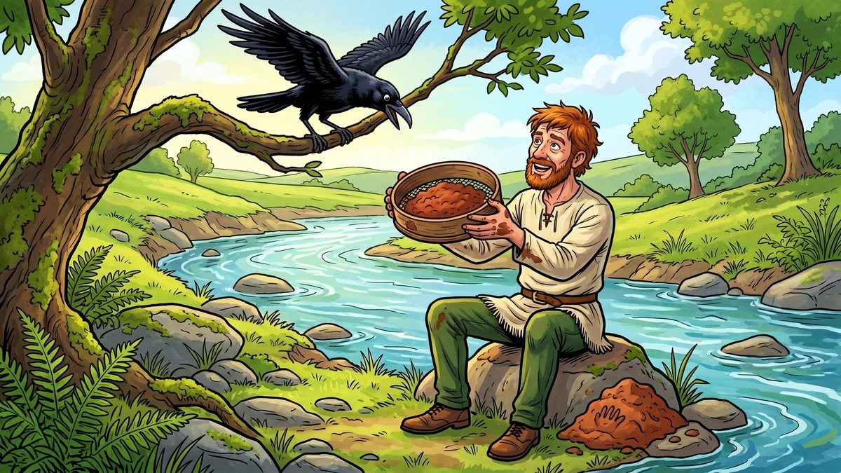 A black crow advises Munachar to daub clay into the holes of a sieve to carry water in the Celtic Irish folk tale
