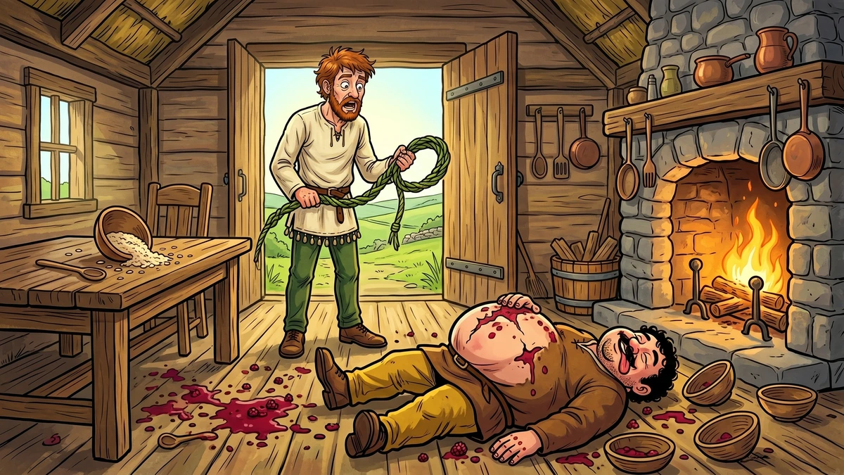 Munachar arrives home with a finished hazel-rope gad to find Manachar already burst from gluttony on the cottage floor