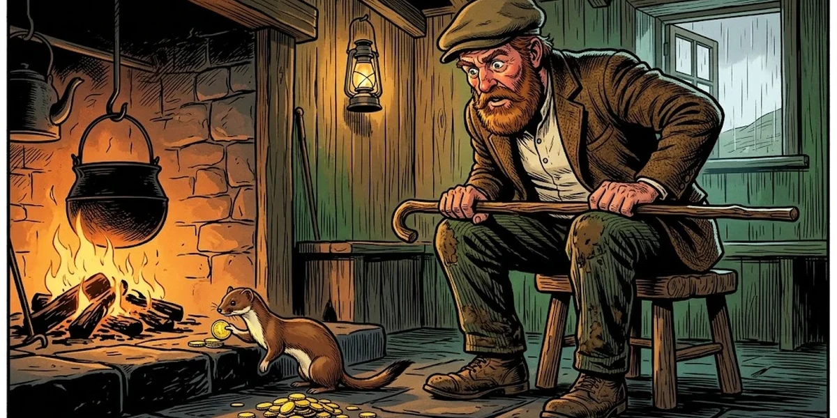 Paddy O'Kelly watches a weasel deposit gold guineas on the hearthstone of an Irish cottage at dawn