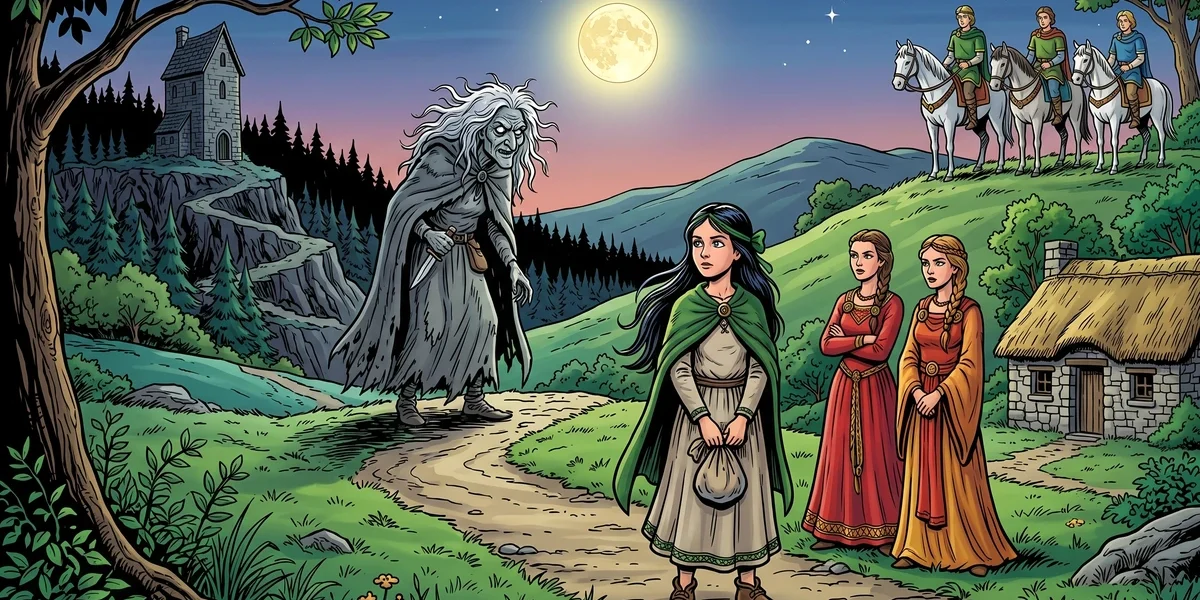 Smallhead, her two sisters, the cailleach hag, and three Celtic princes on horseback at dusk in the rolling green hills of Ireland