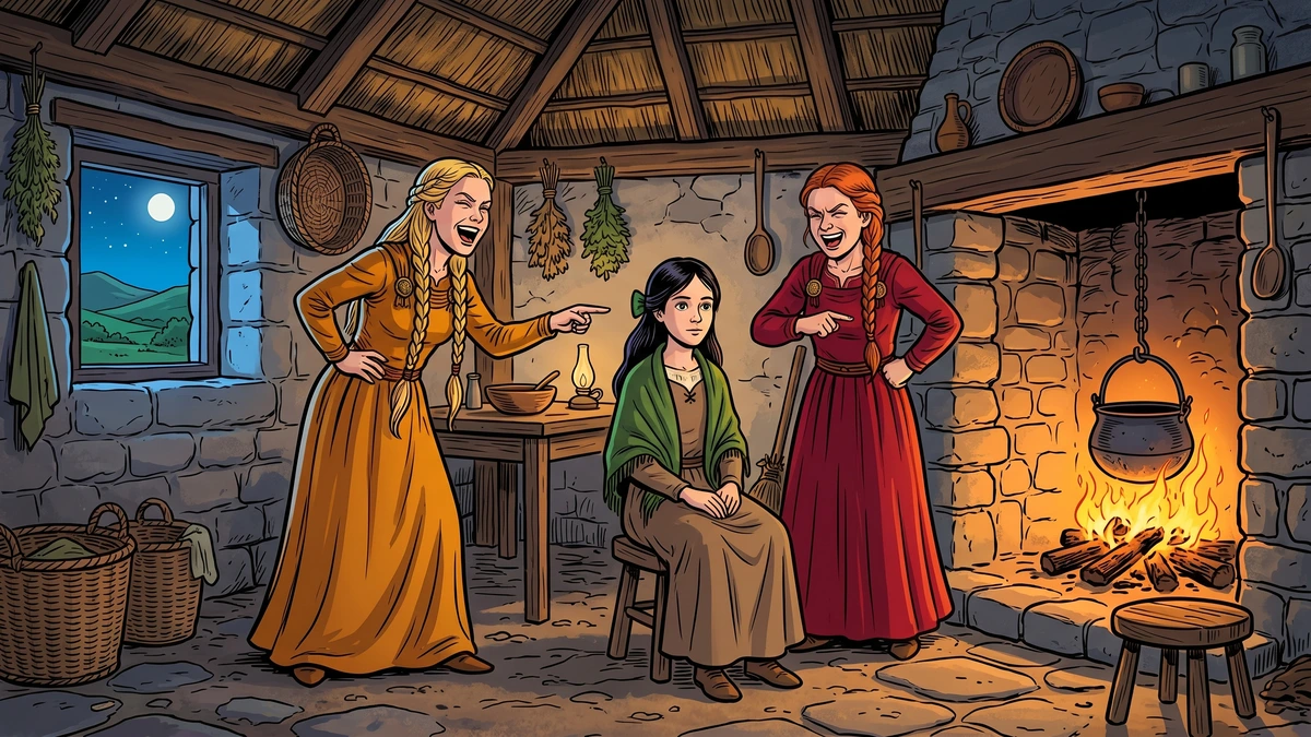Young Smallhead sits quietly by the turf fire while her two proud half-sisters laugh and point at her in their thatched Irish cottage