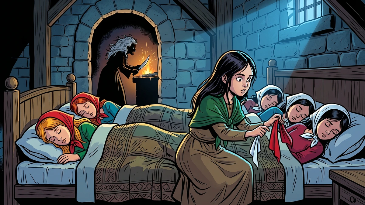 Smallhead crouches beside the bed at midnight, swapping white and red kerchiefs as the witch sharpens a knife in the next room
