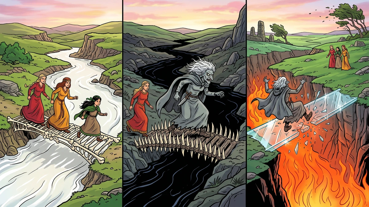 Smallhead and her sisters cross the rivers of milk, black water, and fire while the cailleach hag falls into the flames