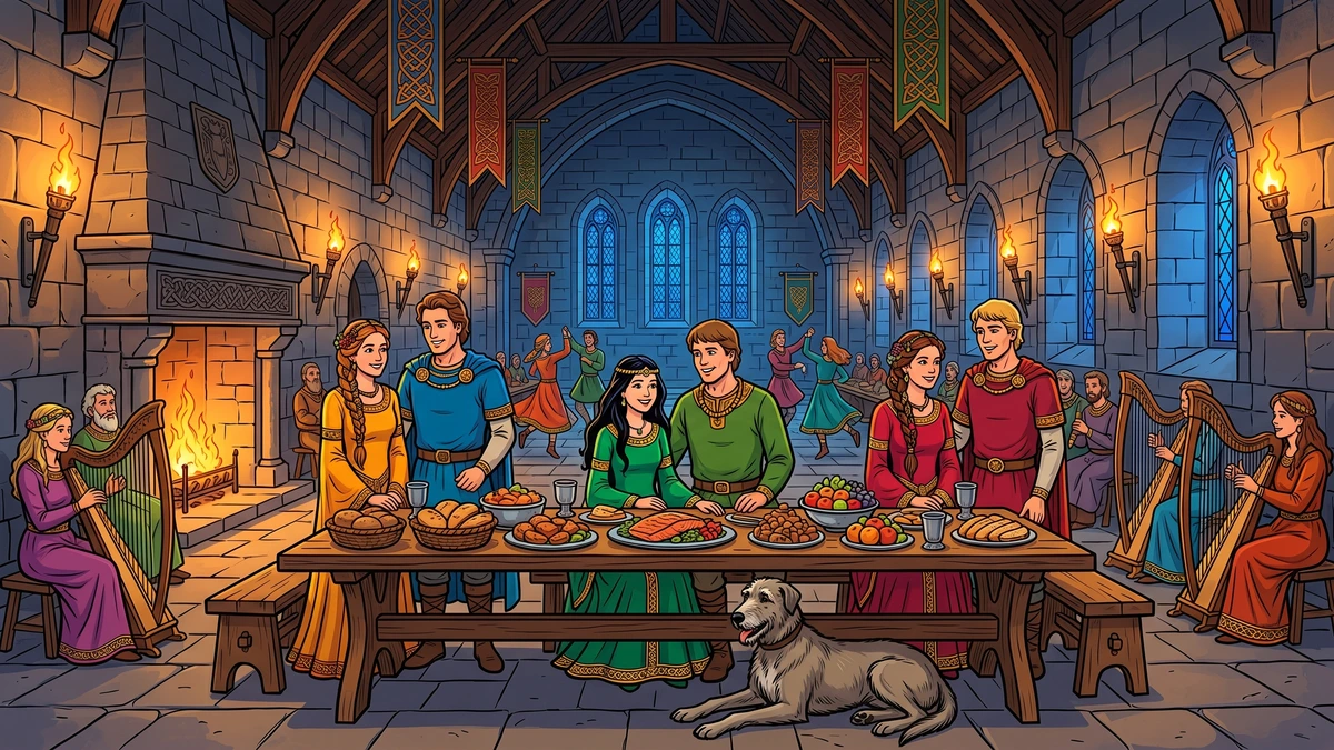 Smallhead in emerald-green silk Celtic gown beside her chosen prince at the triple wedding feast in the king's hall