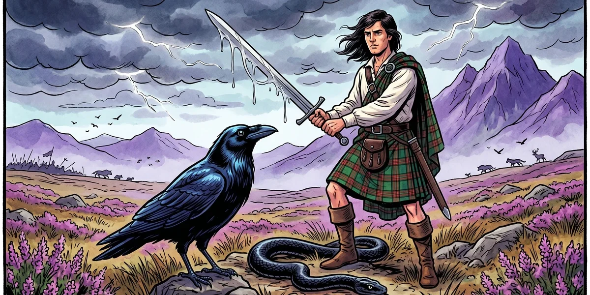 Highland prince in green and crimson tartan kilt with raised silver sword and a glossy black raven beside a slain serpent on a windswept Scottish moor