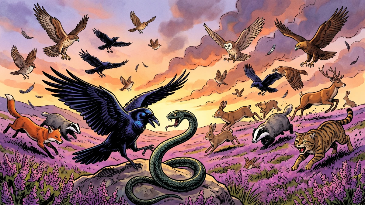The great Battle of the Birds and the Beasts on a Scottish heather moor at sunset, with hawks, eagles, ravens, owls, foxes, badgers, deer and a dramatic raven-versus-serpent duel in the foreground