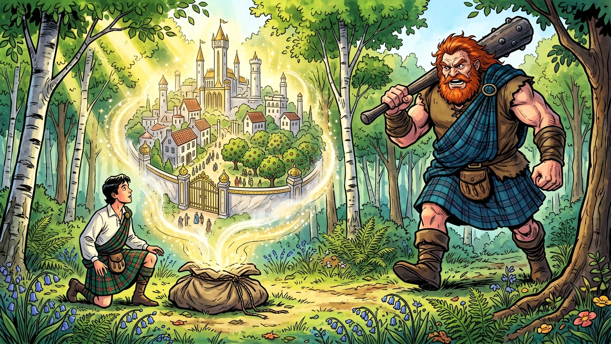 Highland prince untying a magic bundle in a sunlit birch forest as a glowing walled city rises into the air and a giant red-bearded Highland giant comes striding angrily out of the woods