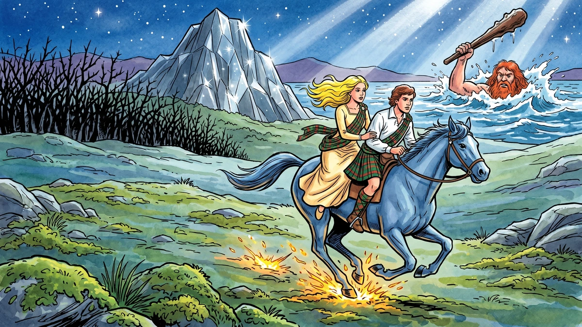 Highland prince and giant's blonde daughter riding a blue-grey filly at full gallop through a moonlit Highland glen with thorn forest, glass mountain and a drowning giant in a new inland sea behind them