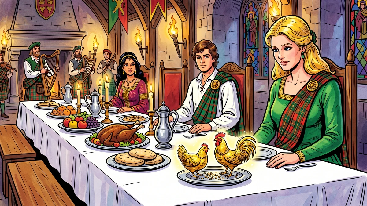 Wedding feast in a Scottish castle hall with the prince in tartan, a dark-haired bride and the blonde giantess-daughter watching as two enchanted golden birds peck barley grains on a silver dish before her