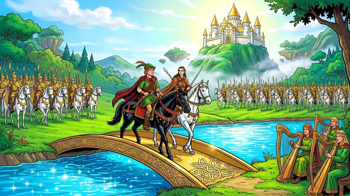 Prince Cuglas riding a black steed across a glittering golden bridge of Celtic interlace beside a fairy herald in brown silk and white hazel wand, mounted fairy warriors in golden helmets ranked on the far bank, white-and-gold fairy palace of Princess Crede on a hill on the Floating Island, harpers at the water's edge