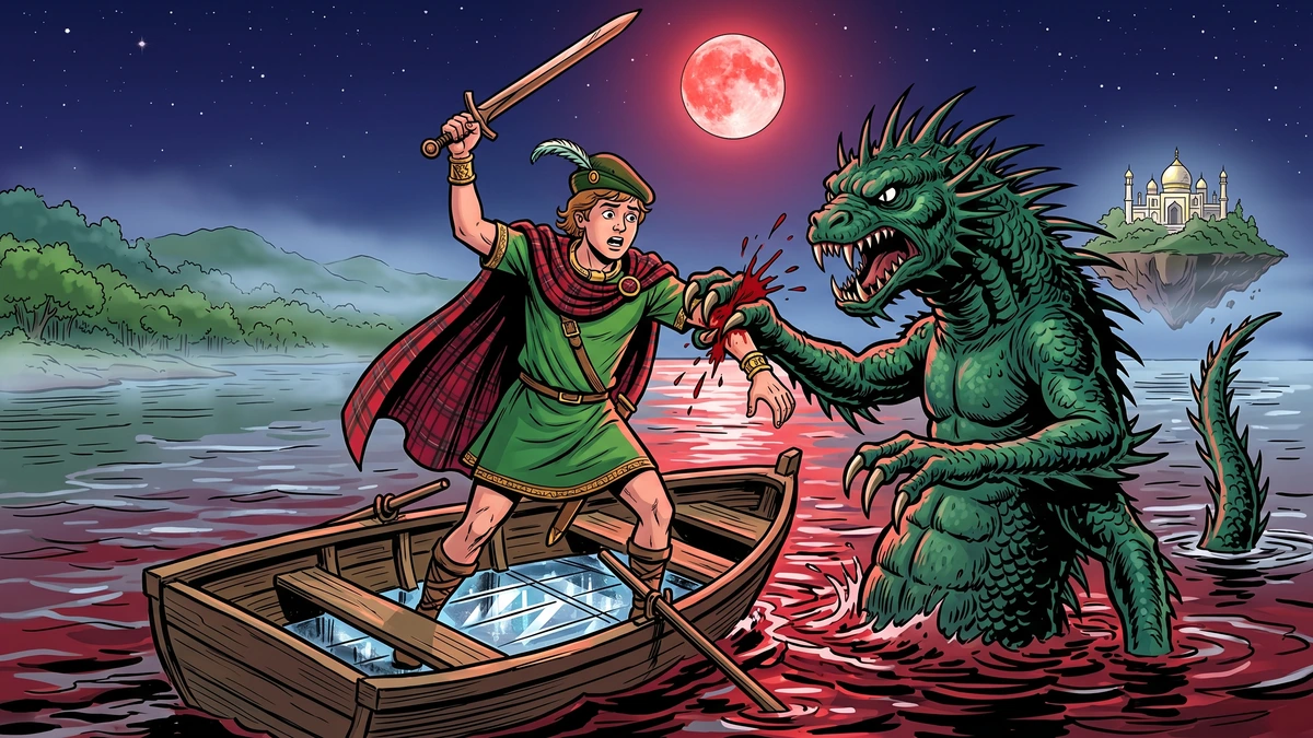Prince Cuglas standing wide-eyed in a moonlit boat on a crimson lake, sword raised, slashing at a huge bristling green sea-monster whose claw is buried in his bleeding left arm, fiery red moon overhead, white-and-gold palace of the Floating Island in the distance