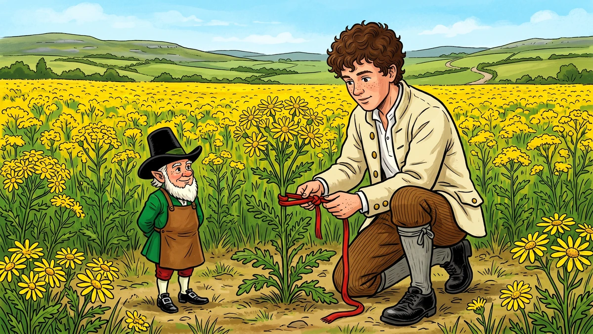 Tom ties a red worsted garter on a tall buachalan in the field of ragwort