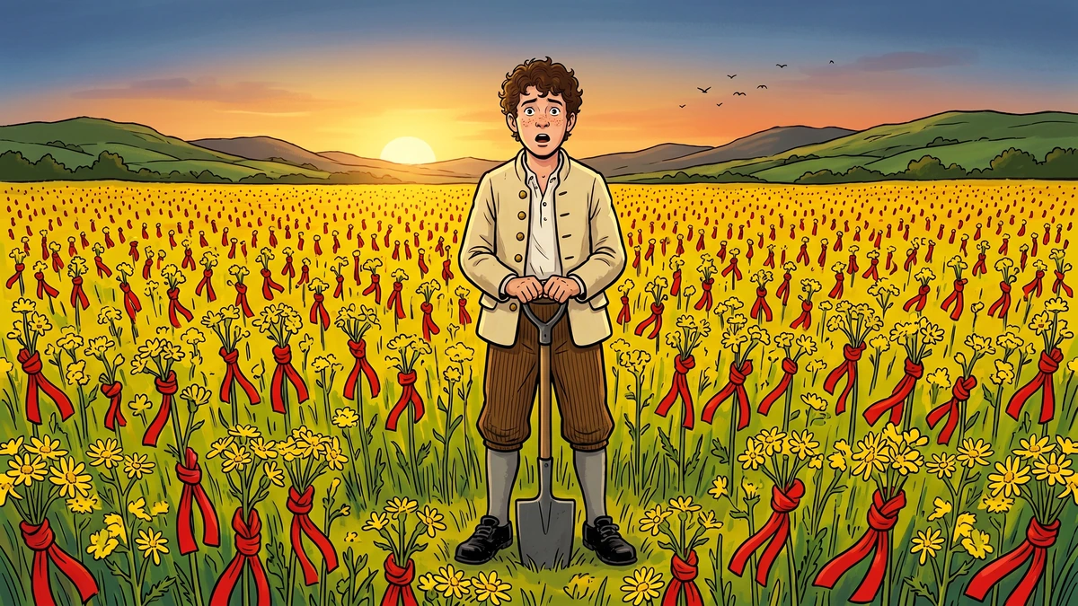 The field of yellow ragwort flowers each tied with a red worsted garter at sunset