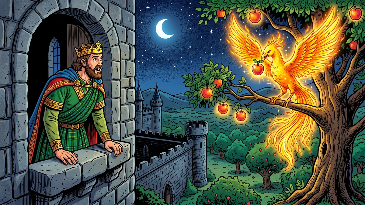 The Irish king watches in astonishment as the golden bird steals an apple from his magical tree at night
