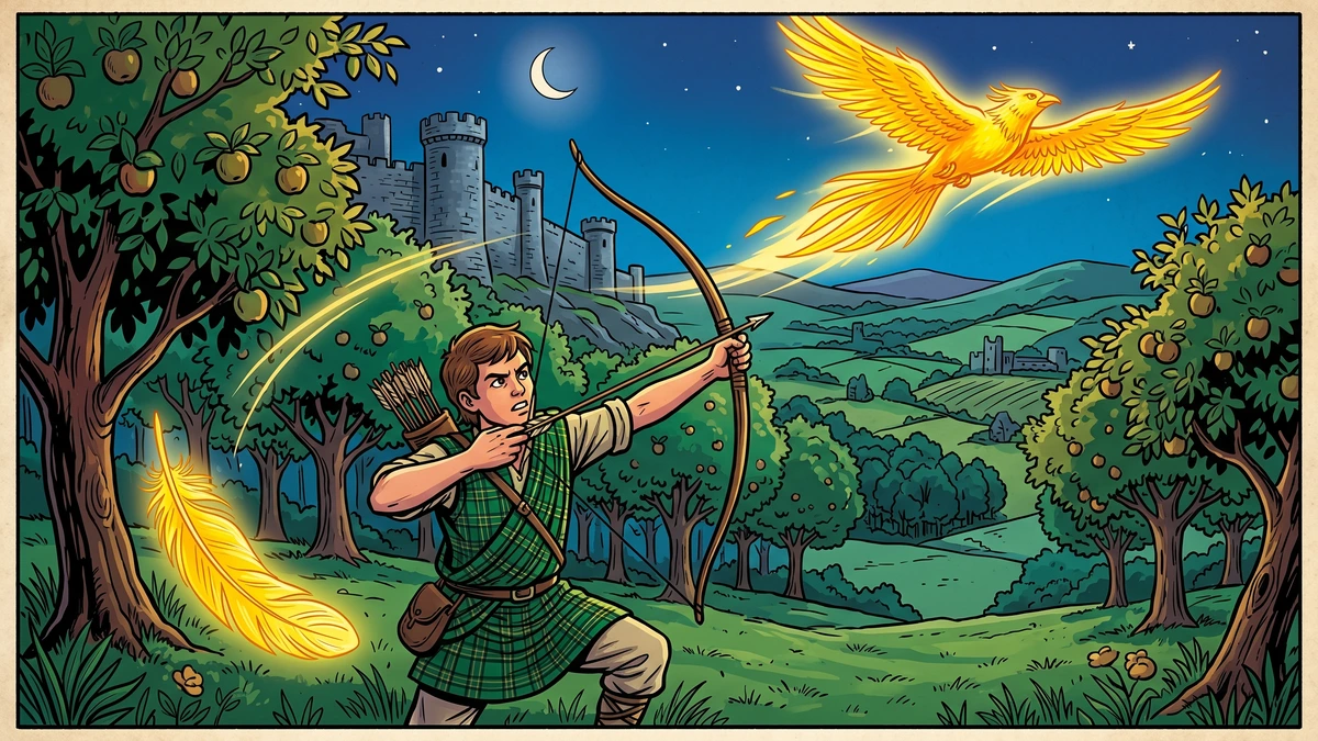The youngest gardener's son shoots a glowing arrow at the golden bird in the moonlit orchard