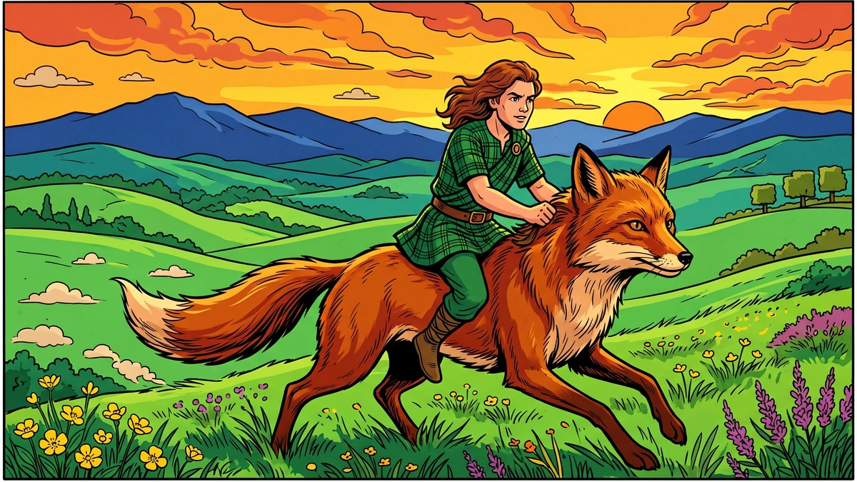 Jack the gardener's son rides the wise red fox across the rolling green hills of Ireland at sunset