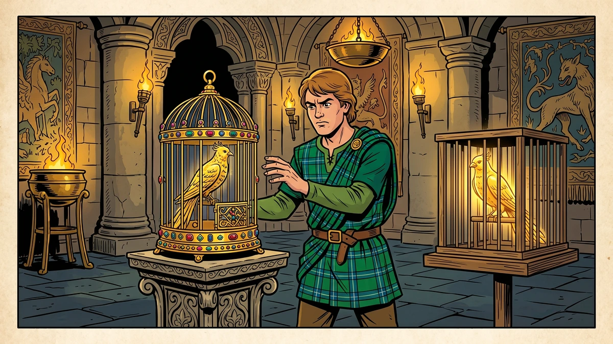 Jack reaches toward the dazzling jewelled golden cage while the golden bird watches from its plain wooden cage