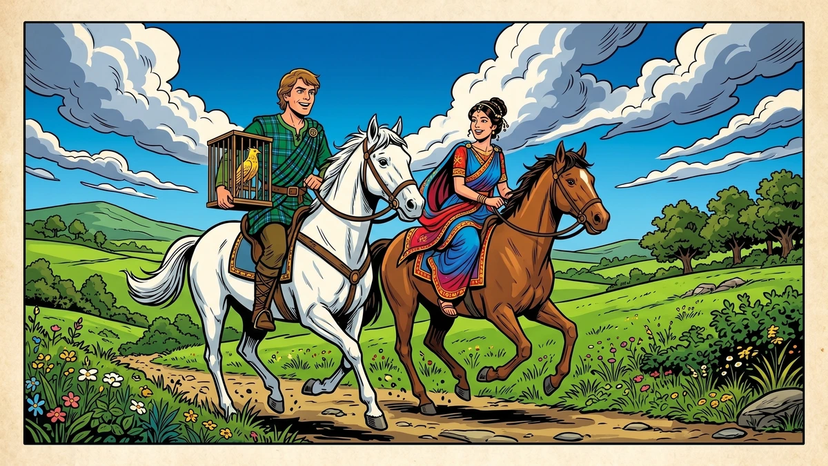 Jack and the Greek princess ride triumphantly through the Irish countryside with the golden bird in its wooden cage