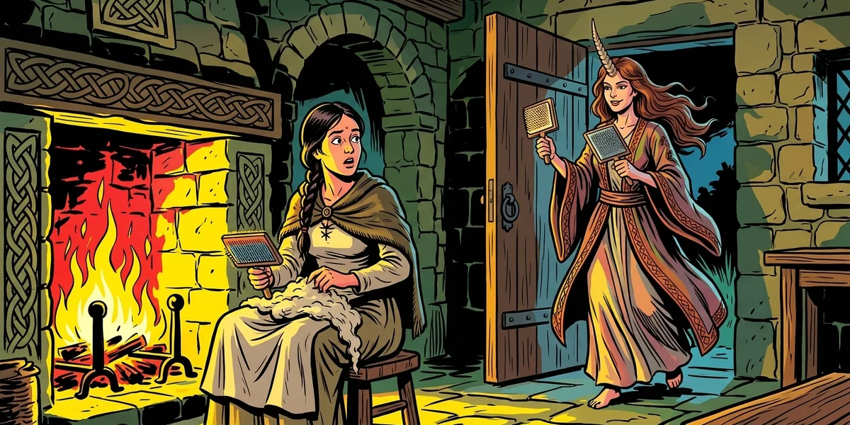 Horned witch enters cottage at night – The Horned Women ACK illustration