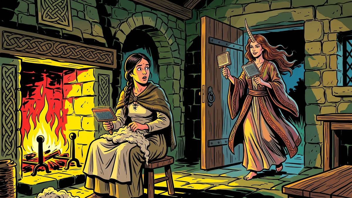 Horned witch enters cottage at night
