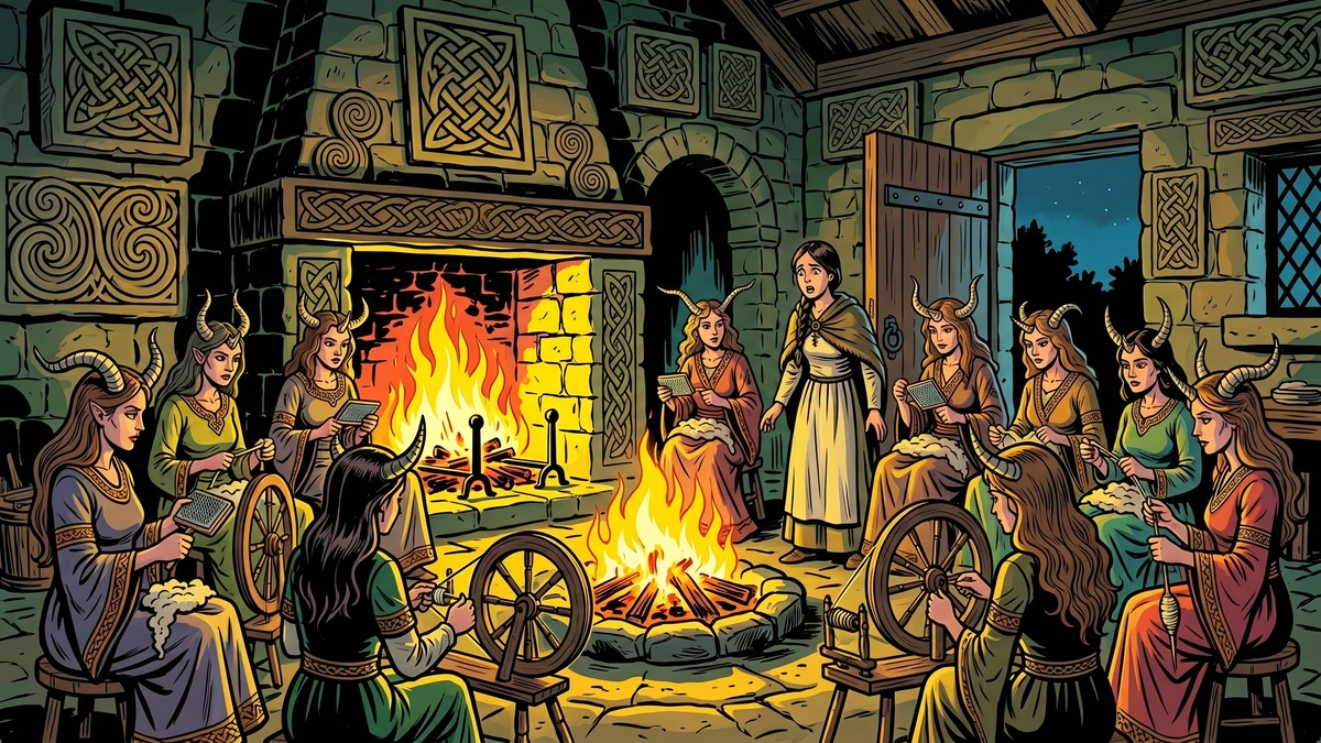 Twelve horned women spinning wool by firelight