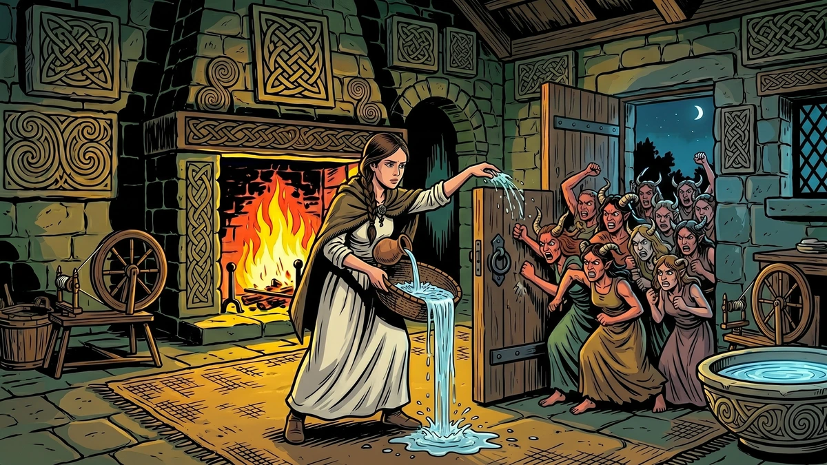 Woman pours sieve-water on doorstep to repel witches