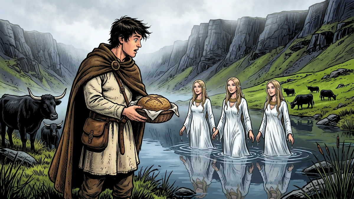 Three lake-maidens rise from Llyn y Fan Fach as the Welsh shepherd watches
