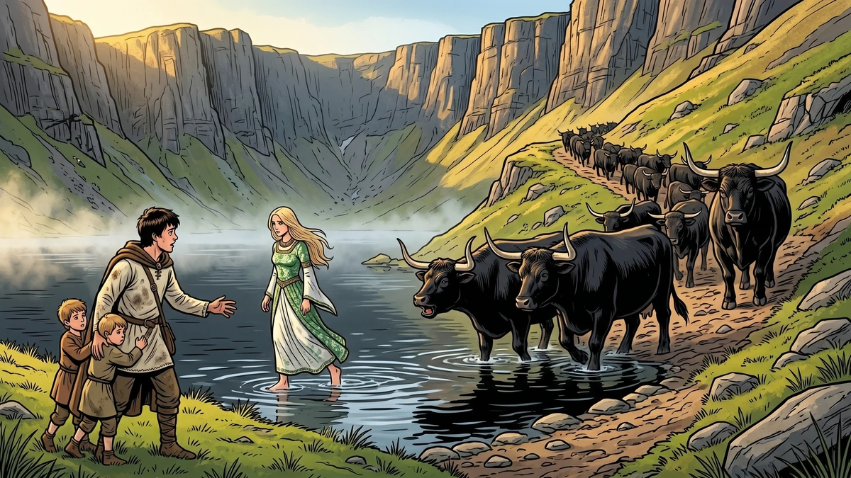 The lake-maiden walks back into Llyn y Fan Fach with all her cattle
