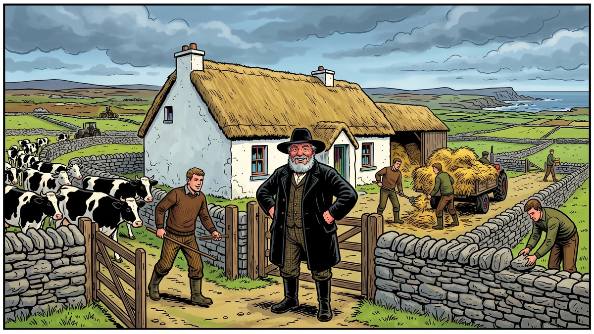Prosperous Irish farmer McAndrew at the gate of his County Mayo thatched farmhouse with his seven sons working the fields, fairy mound nearby