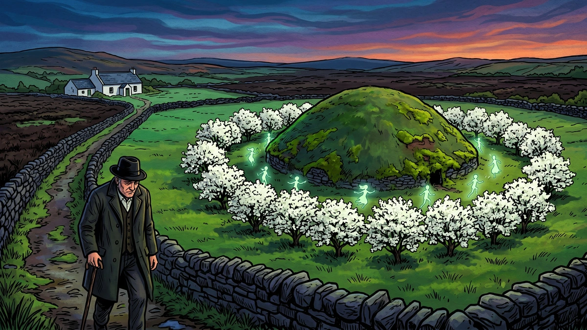 The fairy mound in County Mayo at twilight surrounded by white hawthorn blossoms, luminous fairy figures glowing softly, Irish farmer walking respectfully around it