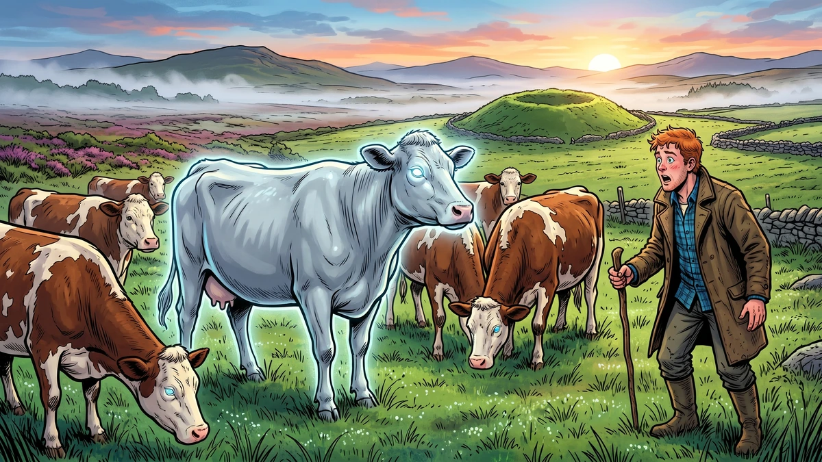 Pale grey fairy cow with luminous eyes standing among brown-and-white Irish cattle at dawn, young farmer in brown wool coat amazed