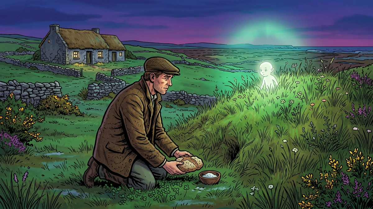 Young Irish farmer kneeling at the edge of a fairy mound in County Mayo at dusk, leaving bread and salt offering, a single luminous fairy figure watching from the mound's crest