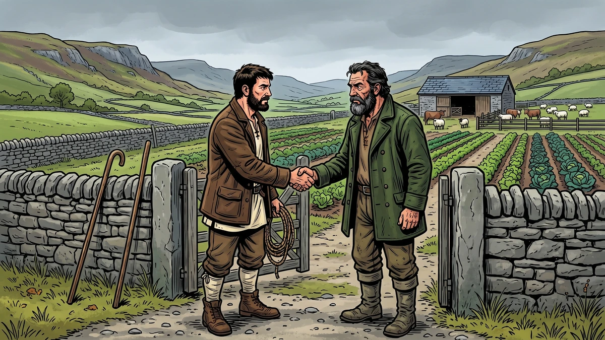 Young Welsh farmer Ivan shaking hands with the mysterious dark-bearded older farmer in green wool at the stone farm gate of a prosperous farm