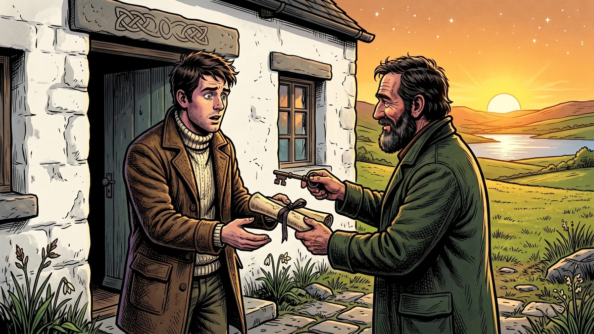 The mysterious Welsh farmer handing a scroll and key to Ivan at sunrise outside the whitewashed farmhouse, granting the eastern meadow and silver lake