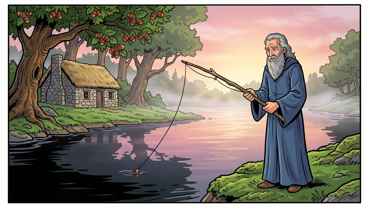 The old Irish poet Finegas casts his line into the dark pool of the River Boyne, fishing for the Salmon of Knowledge