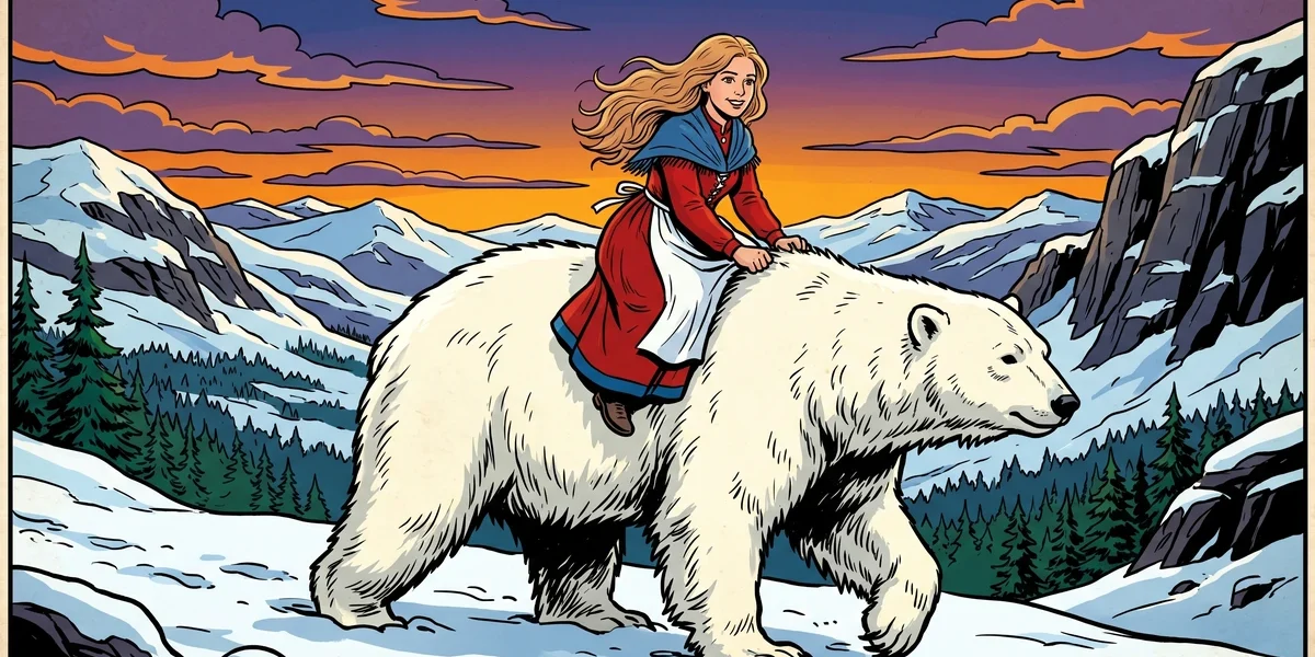The youngest daughter rides on the back of the great White Bear through the snowy Norwegian mountains in East of the Sun and West of the Moon