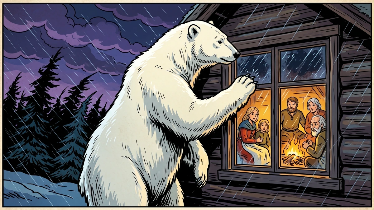 A great white bear taps at the window of a poor Norwegian family's cottage on a wild stormy autumn night
